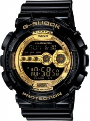 Casio Men's G-Shock Black Resin Digital Strap Gold Tone Watch GD100GB-1