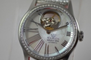 Ladies Marvin Diamond Open Heart Swiss Automatic Mother of Pearl Dial Silver Leather Strap Watch