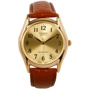 Casio Men's MTP1094Q-9B Brown Leather Quartz Watch with Gold Dial