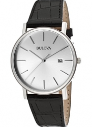 Bulova Men's Silver Dial Black Genuine Leather