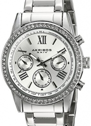 Akribos XXIV Women's AK872SS Round Silver Dial Crystal Accent Three Hand Quartz Bracelet Watch