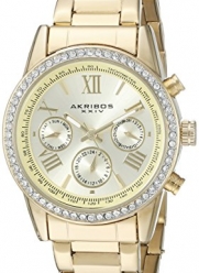 Akribos XXIV Women's AK872YG Round Champagne Dial Crystal Accent Three Hand Quartz Gold Tone Bracelet Watch