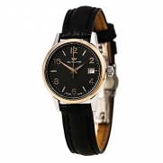 Glycine 3909-39 Women's Classic Black Dial Black Leather Strap Date Watch